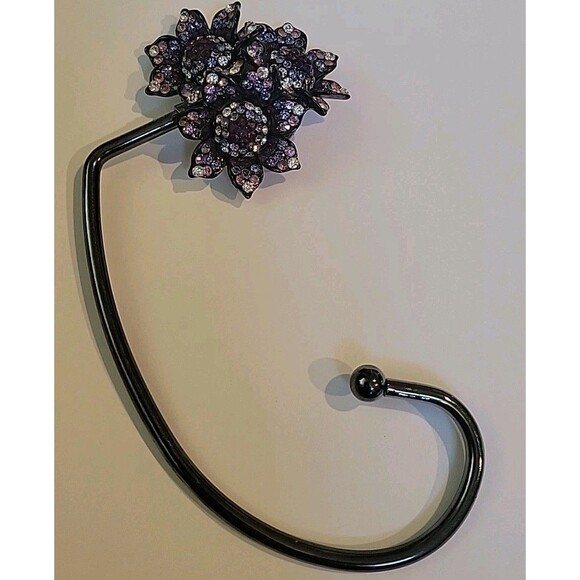Purse Hanger w/ Triple Purples Flowers Floral Rhinestones Table Swivel - Picture 2 of 8